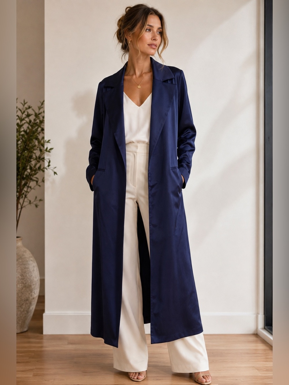 Allen Schwartz Navy Satin Longline Trench Duster Coat M Made USA